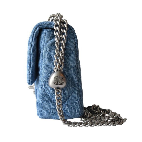 Chanel Denim Quilted Camellia Sweetheart Flap Bag Silver Hardware Blue